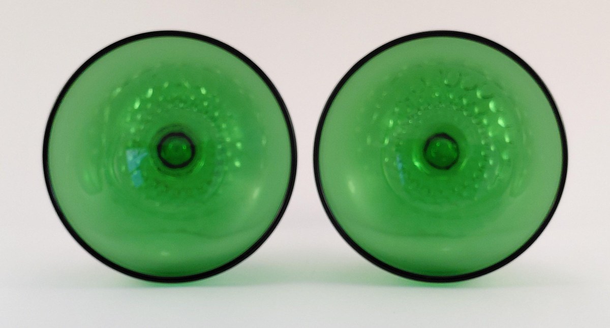 Anchor Hocking Boopie Green Glasses Set of 4, Vintage Berwick Bubble Foot Goblets and Sherbets, MCM Glassware, view 13
