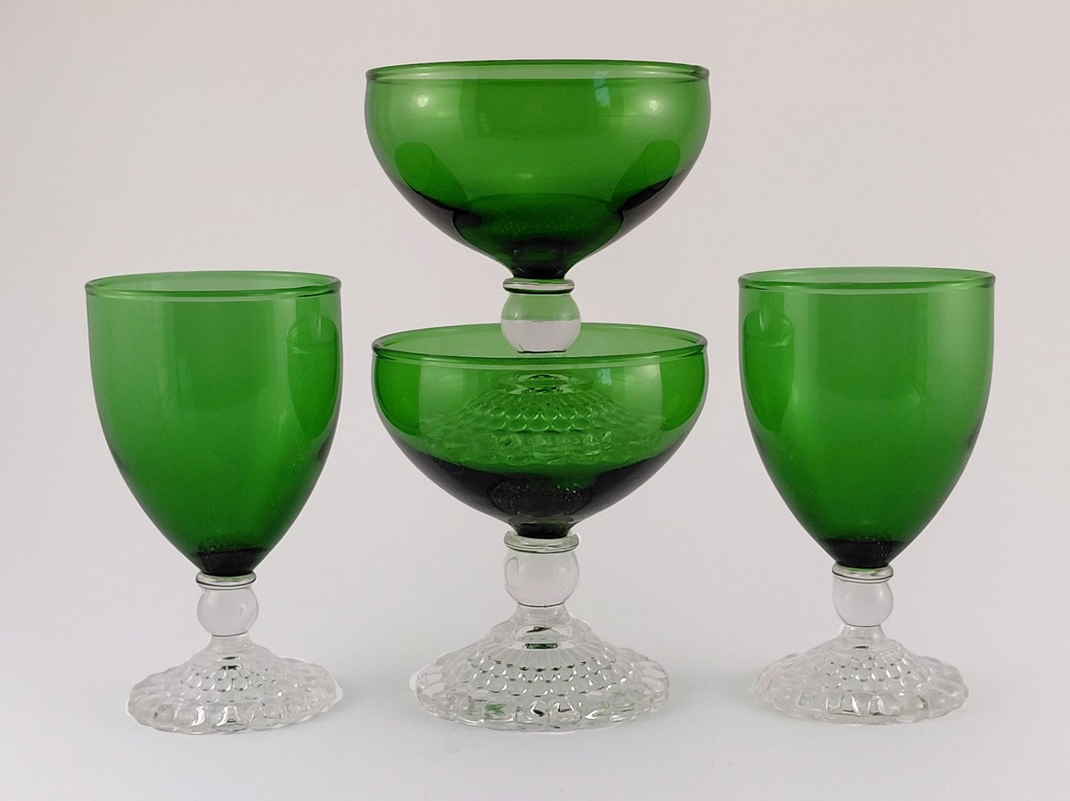Anchor Hocking Boopie Green Glasses Set of 4, Vintage Berwick Bubble Foot Goblets and Sherbets, MCM Glassware, view 18