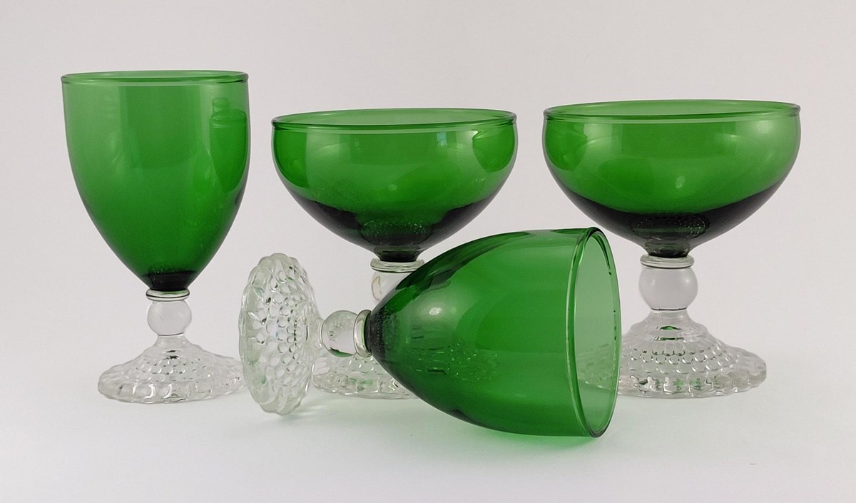Anchor Hocking Boopie Green Glasses Set of 4, Vintage Berwick Bubble Foot Goblets and Sherbets, MCM Glassware, view 19