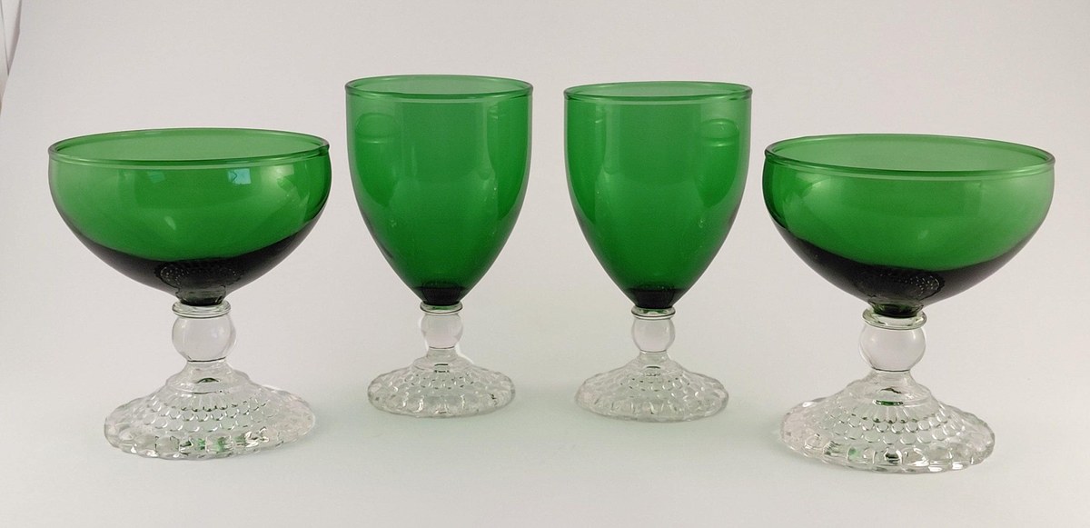 Anchor Hocking Boopie Green Glasses Set of 4, Vintage Berwick Bubble Foot Goblets and Sherbets, MCM Glassware, view 2