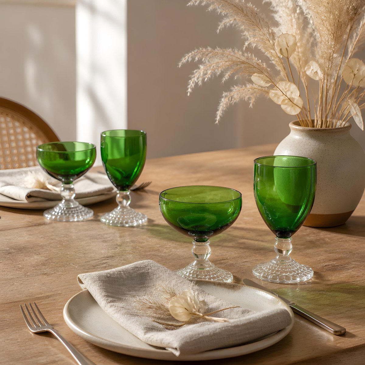Anchor Hocking Boopie Green Glasses Set of 4, Vintage Berwick Bubble Foot Goblets and Sherbets, MCM Glassware, view 20