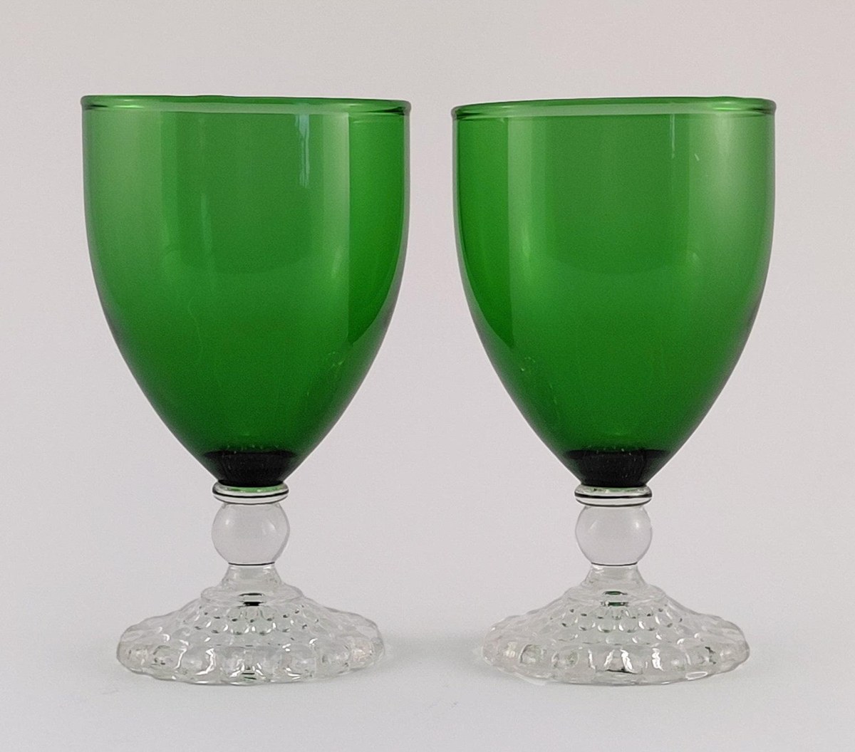Anchor Hocking Boopie Green Glasses Set of 4, Vintage Berwick Bubble Foot Goblets and Sherbets, MCM Glassware, view 3