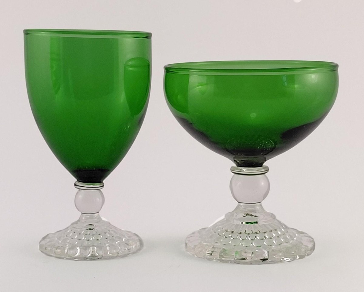 Anchor Hocking Boopie Green Glasses Set of 4, Vintage Berwick Bubble Foot Goblets and Sherbets, MCM Glassware, view 5