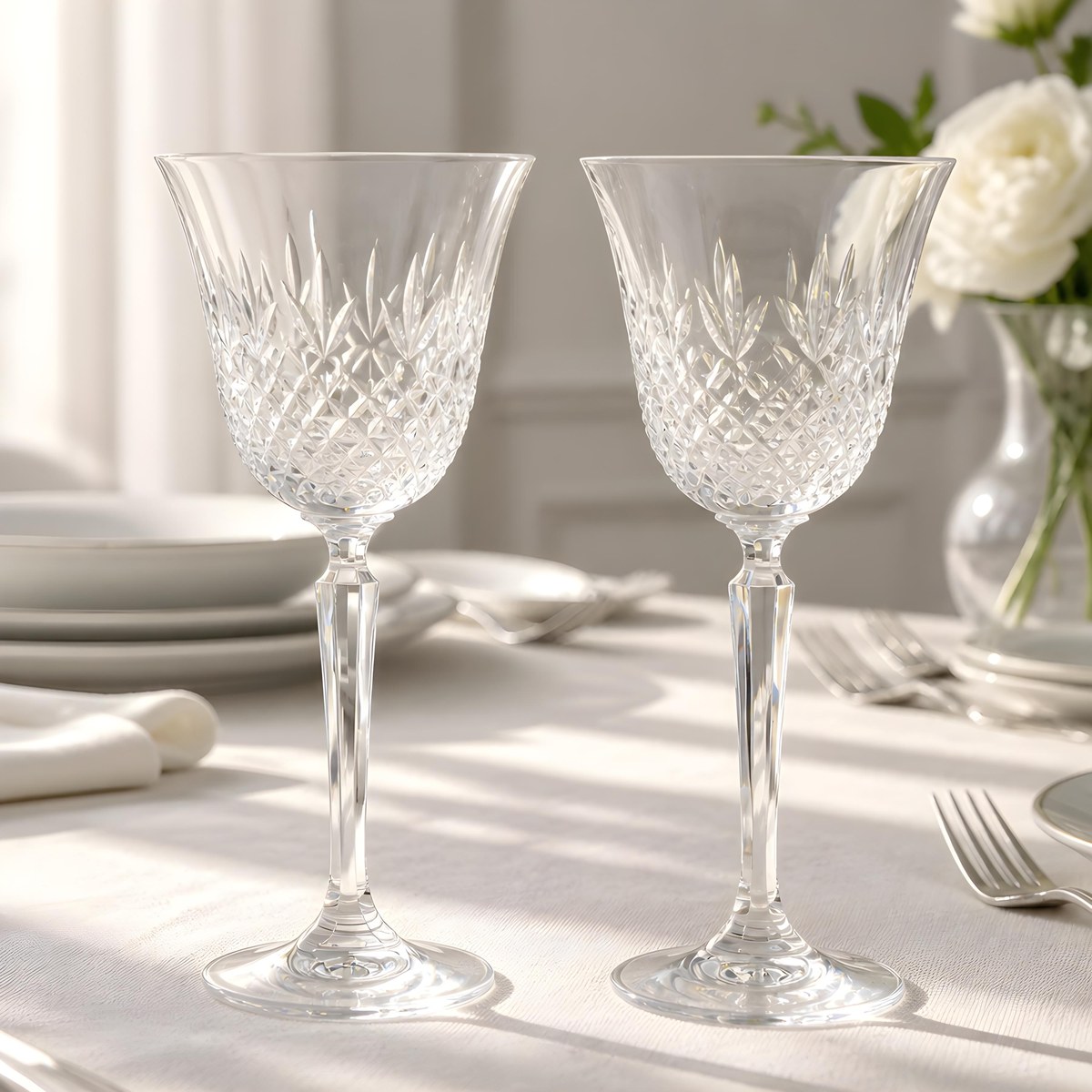 Mikasa Chatsworth Crystal Water Goblets Set of 7, Vintage Wedding Stemware, Discontinued 1980s Blown Glass, view 17