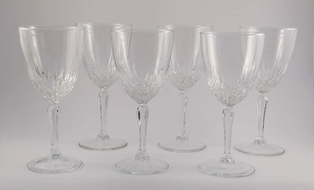 Luminarc Diamant Wine Glasses Set of 6, Vintage French Pressed Crystal Goblets, 1970s Faceted Barware Stemware