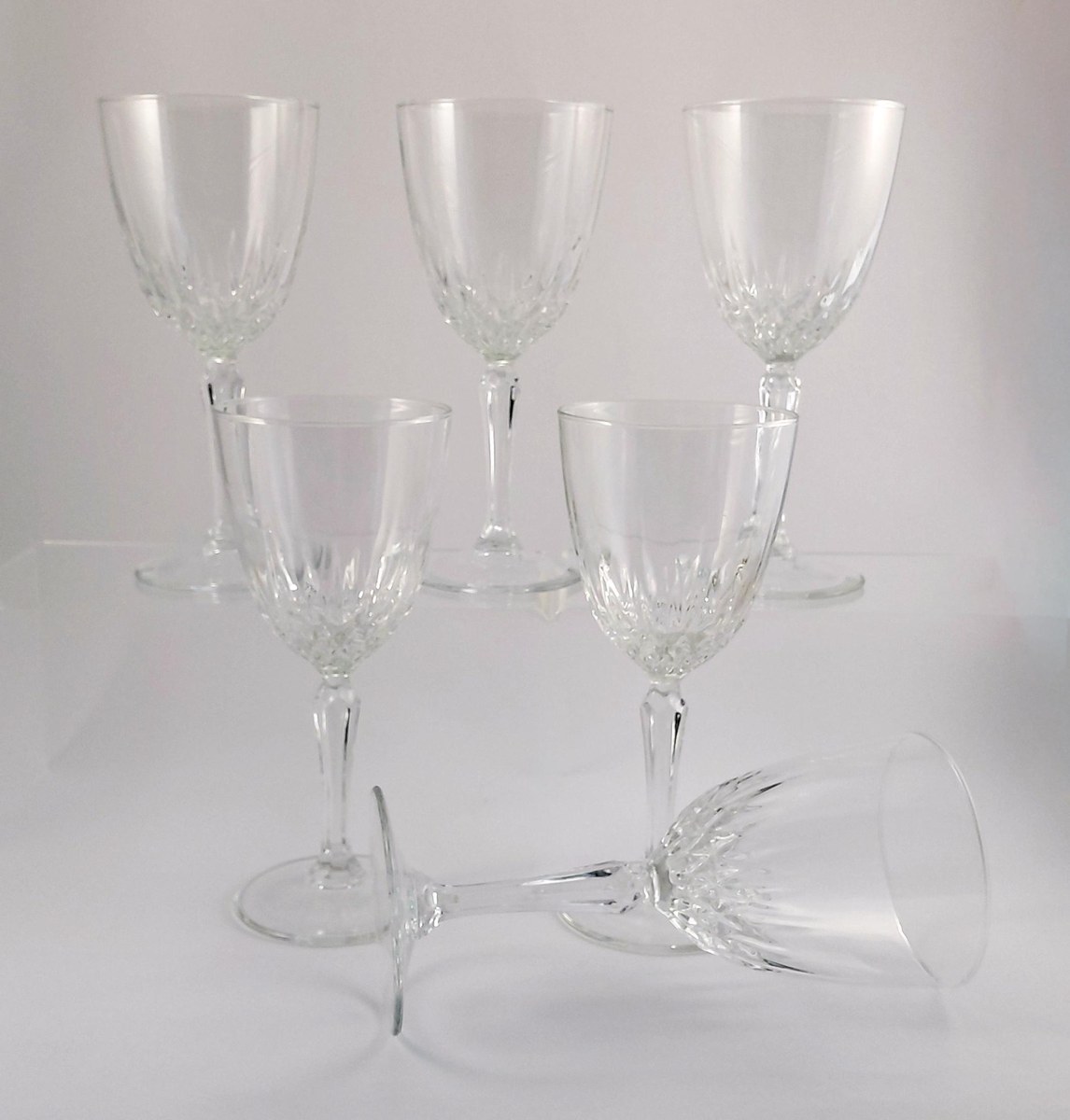 Luminarc Diamant Wine Glasses Set of 6, Vintage French Pressed Crystal Goblets, 1970s Faceted Barware Stemware, view 15