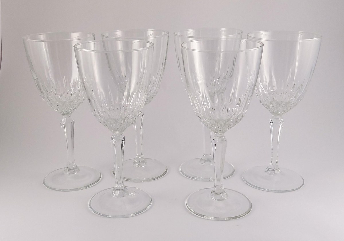 Luminarc Diamant Wine Glasses Set of 6, Vintage French Pressed Crystal Goblets, 1970s Faceted Barware Stemware, view 16