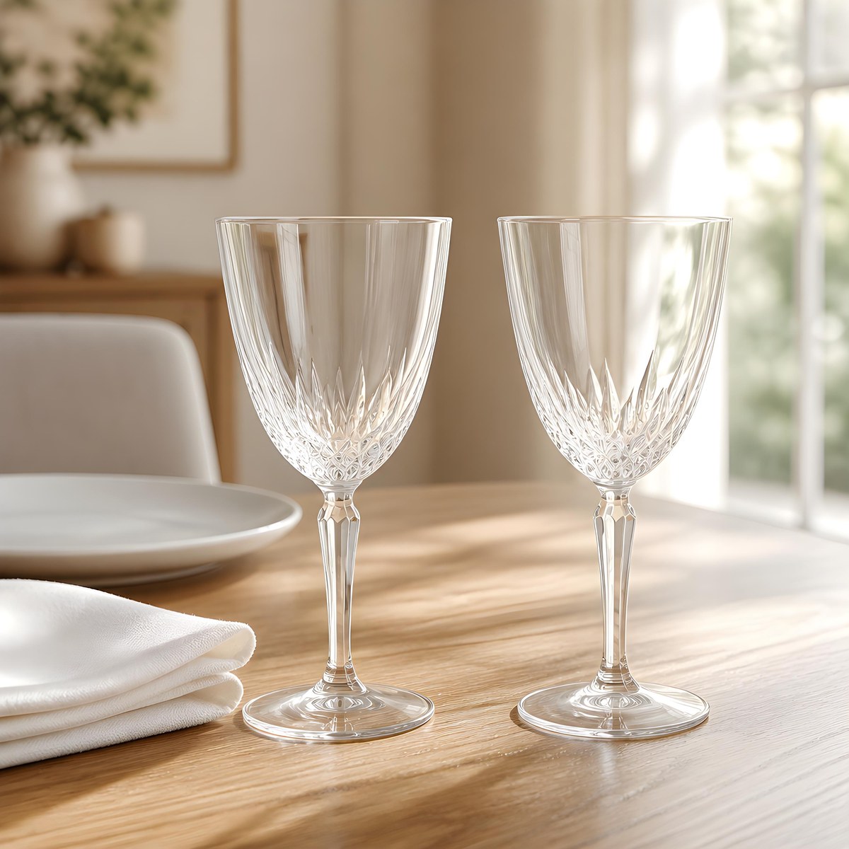 Luminarc Diamant Wine Glasses Set of 6, Vintage French Pressed Crystal Goblets, 1970s Faceted Barware Stemware, view 19