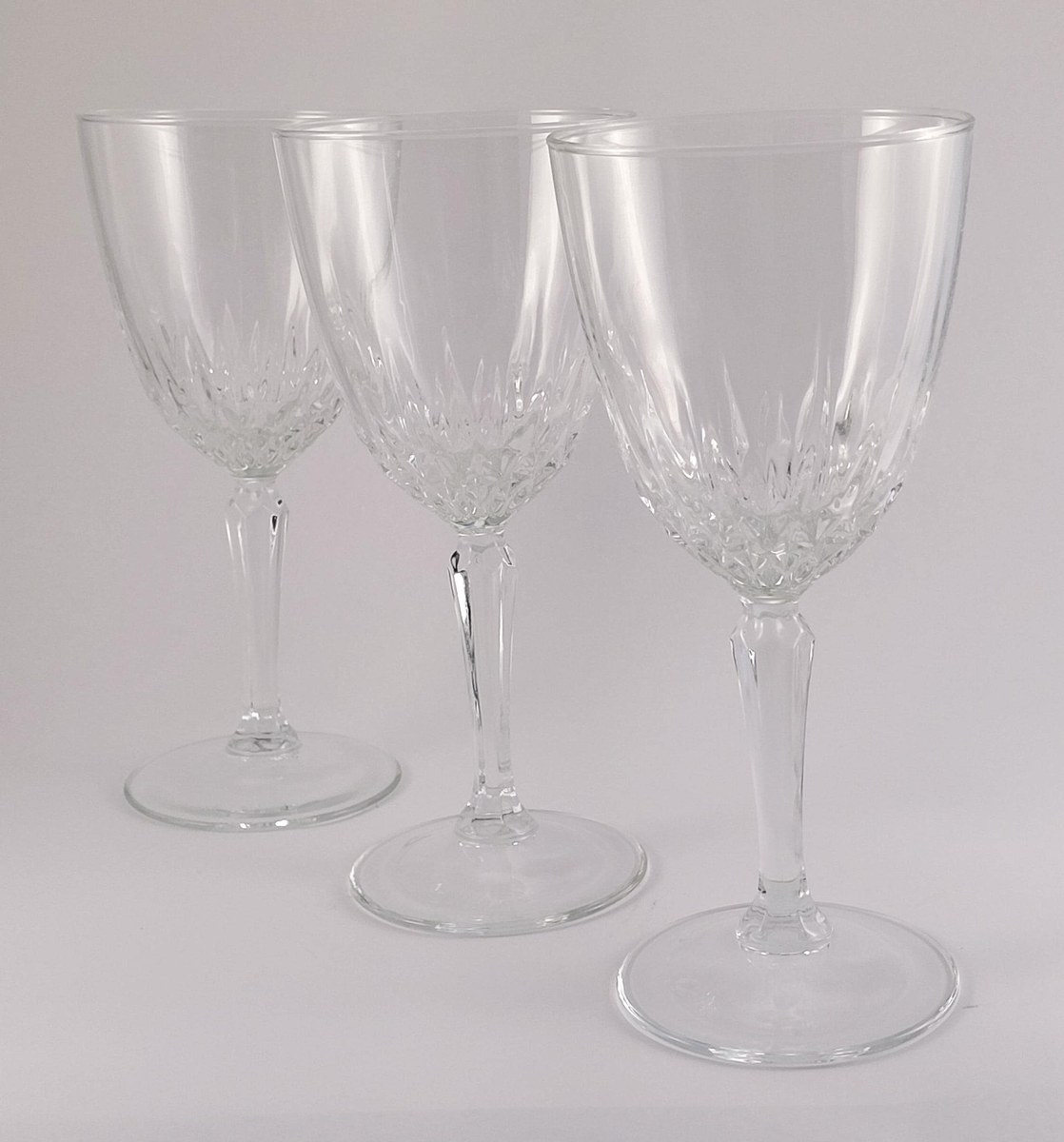 Luminarc Diamant Wine Glasses Set of 6, Vintage French Pressed Crystal Goblets, 1970s Faceted Barware Stemware, view 3