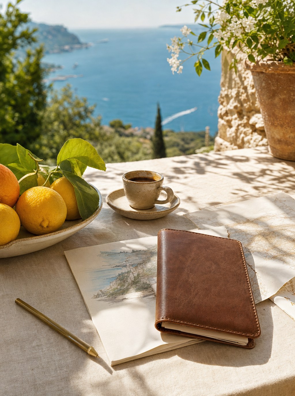 Travel planning materials on a sunlit Mediterranean table