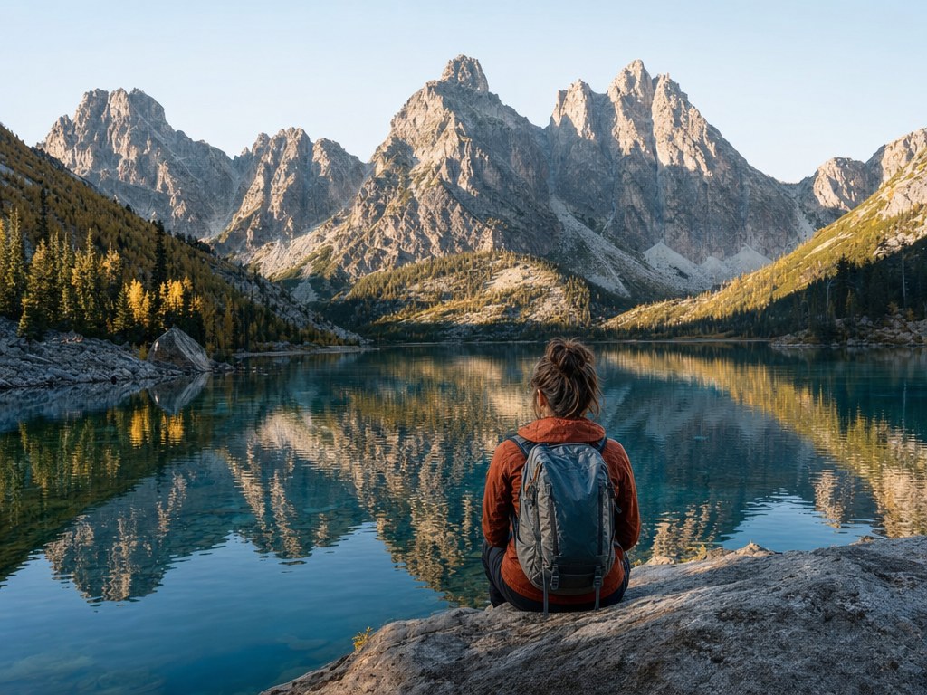 Solo traveler at an alpine lake