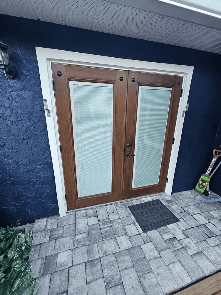 French doors after faux wood finishing