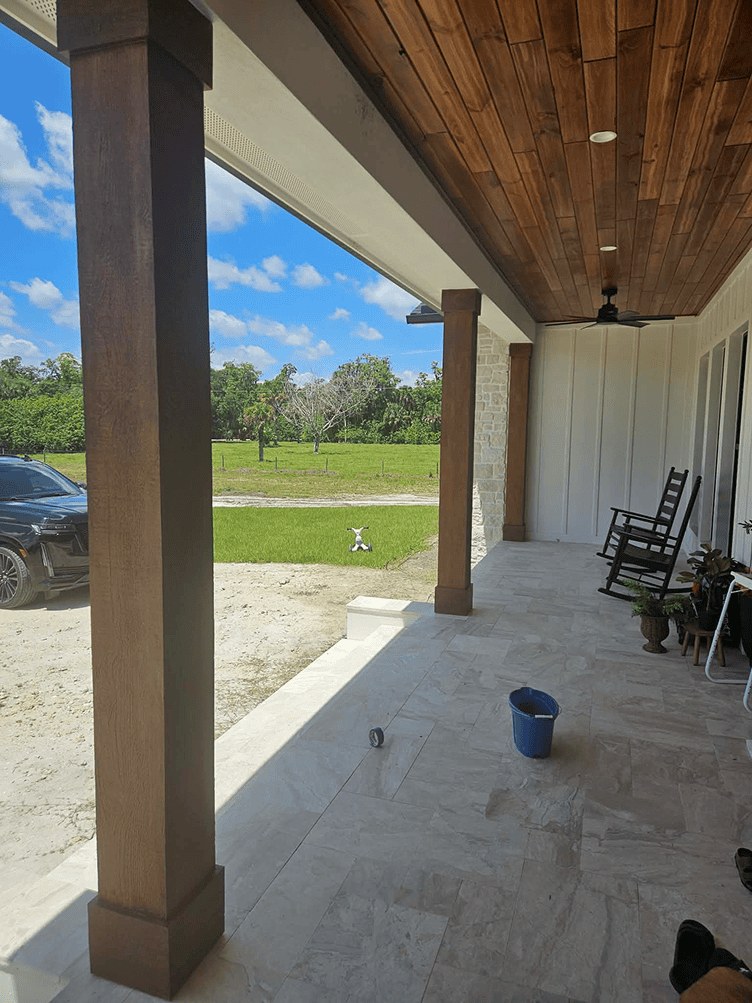 Porch ceiling after faux wood finishing
