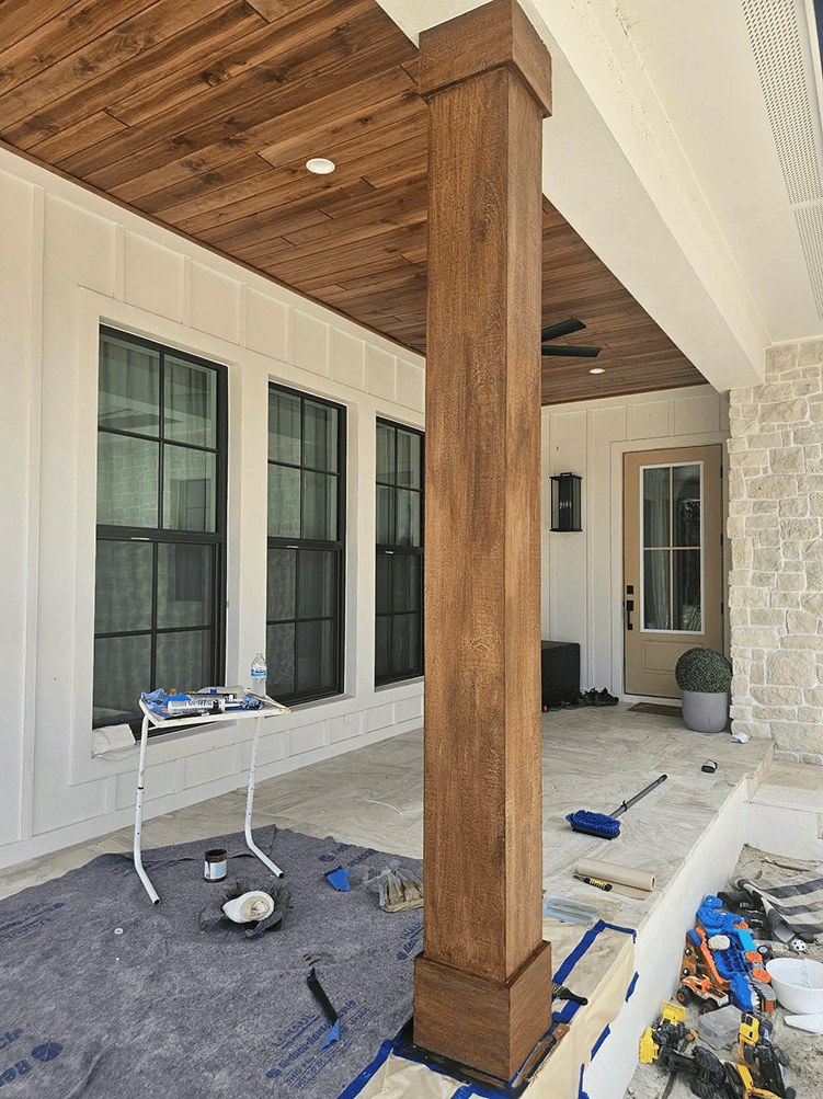 Porch column after faux wood finishing