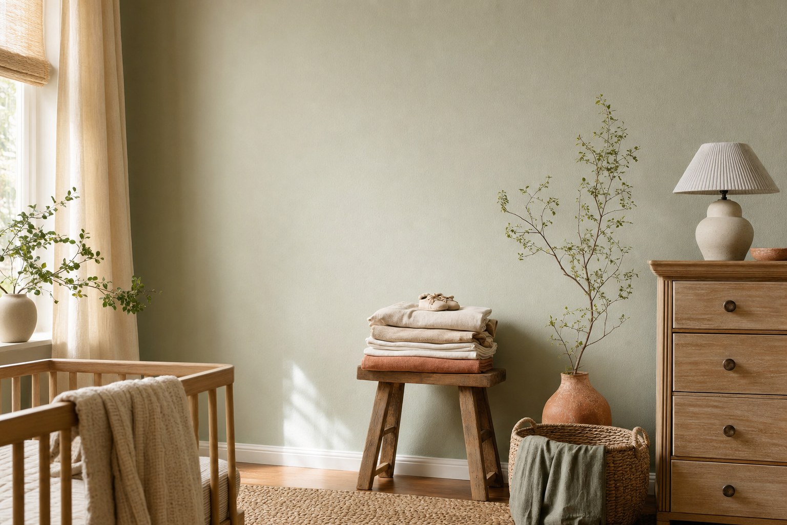 Warm nursery with a sage wall, wooden crib, and handmade details