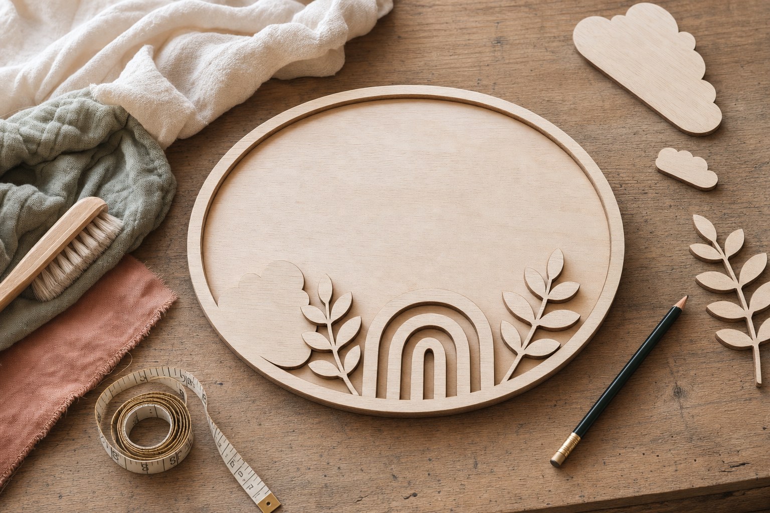 Unfinished wooden nursery sign shapes with fabric swatches and measuring tape