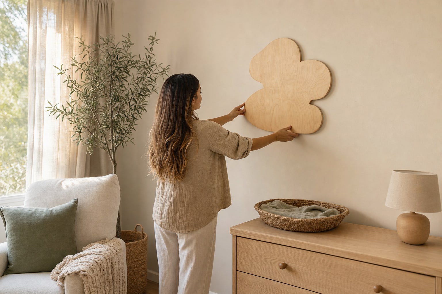 Adult checking the position of a wood wall decoration above a nursery dresser