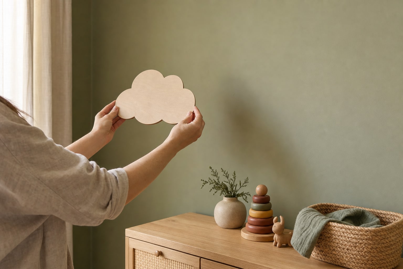 Adult holding a wood wall decoration against a sage nursery wall above a dresser