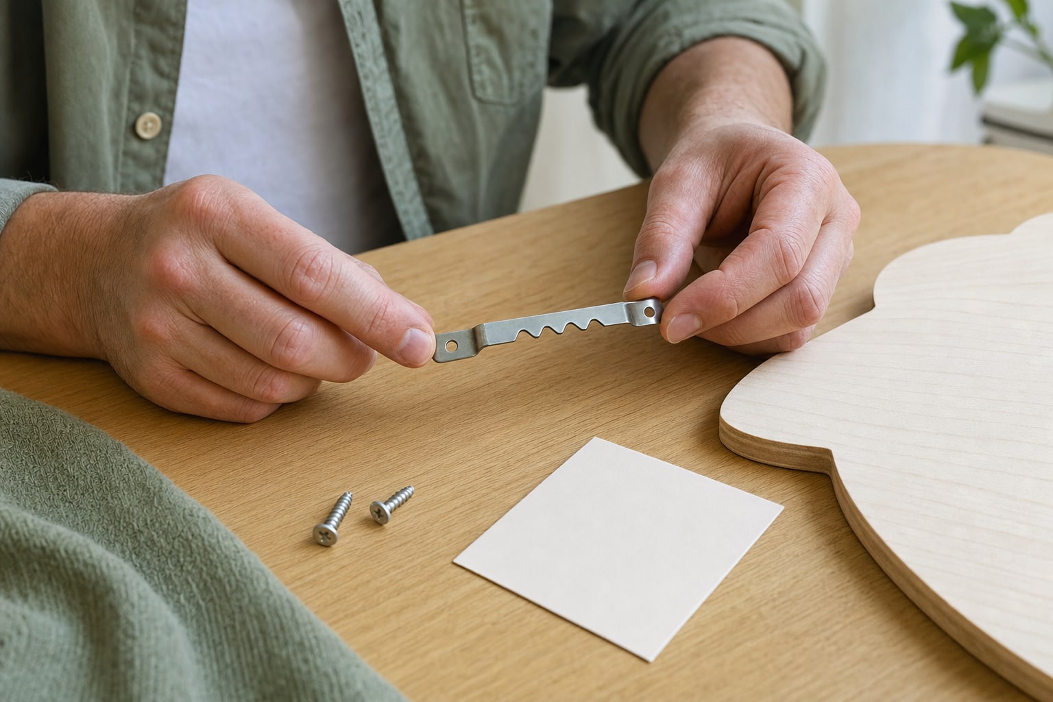 Adult checking an unbranded wall-hanging bracket and screws beside a wood decoration