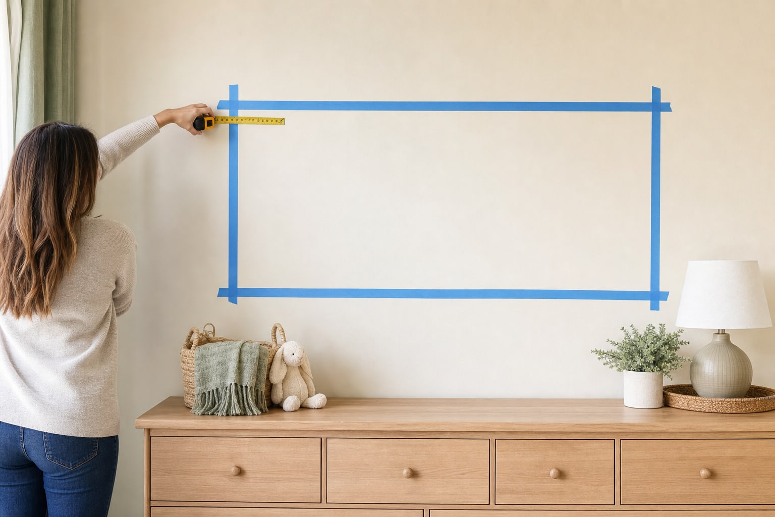 Adult using tape and a measuring tape to map a wall decoration above a nursery dresser