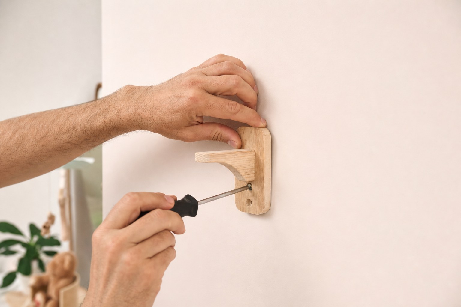 Adult hands securing a wooden wall bracket with a screwdriver