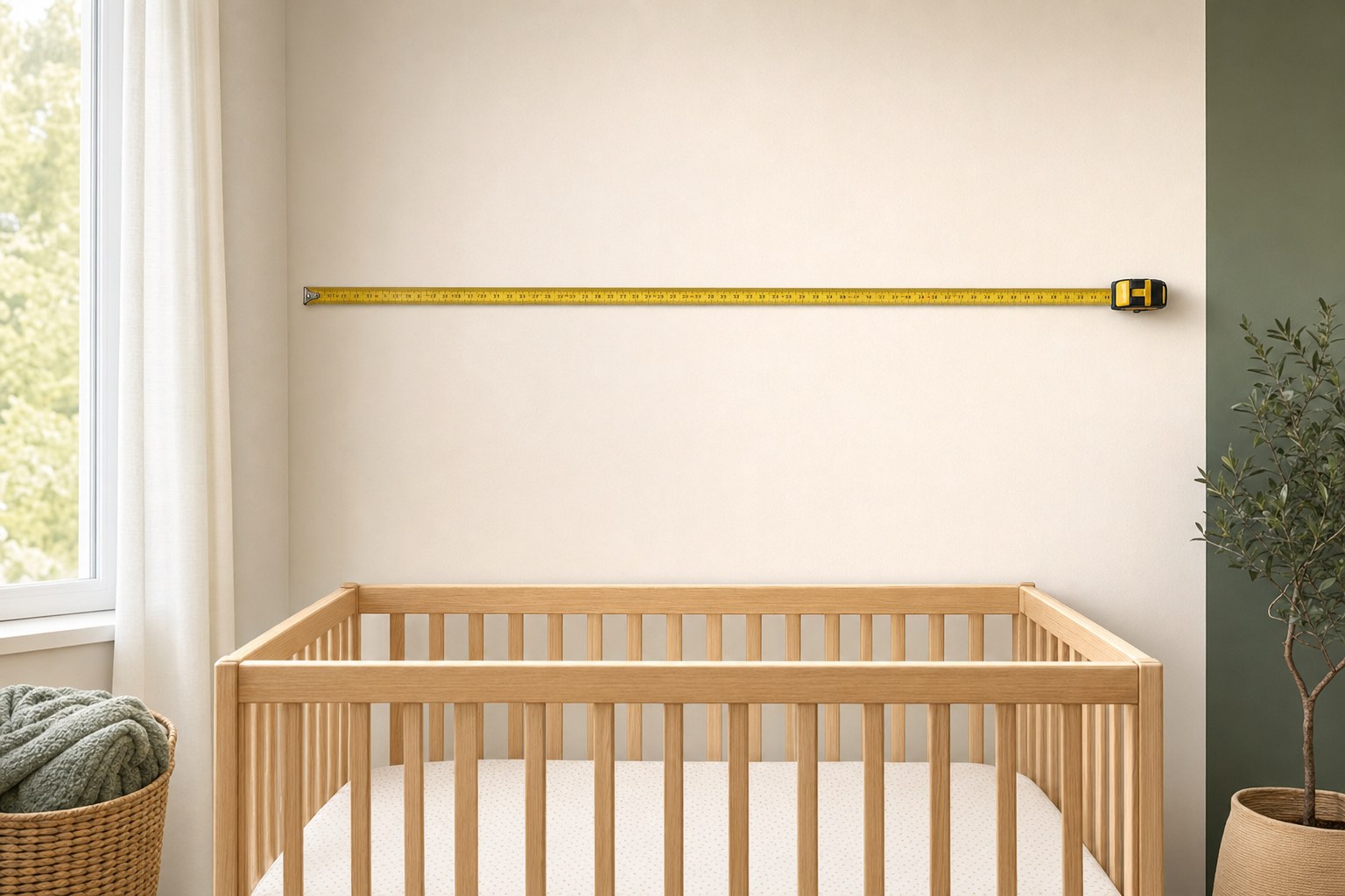 Measuring tape stretched across a blank nursery wall above a wooden crib