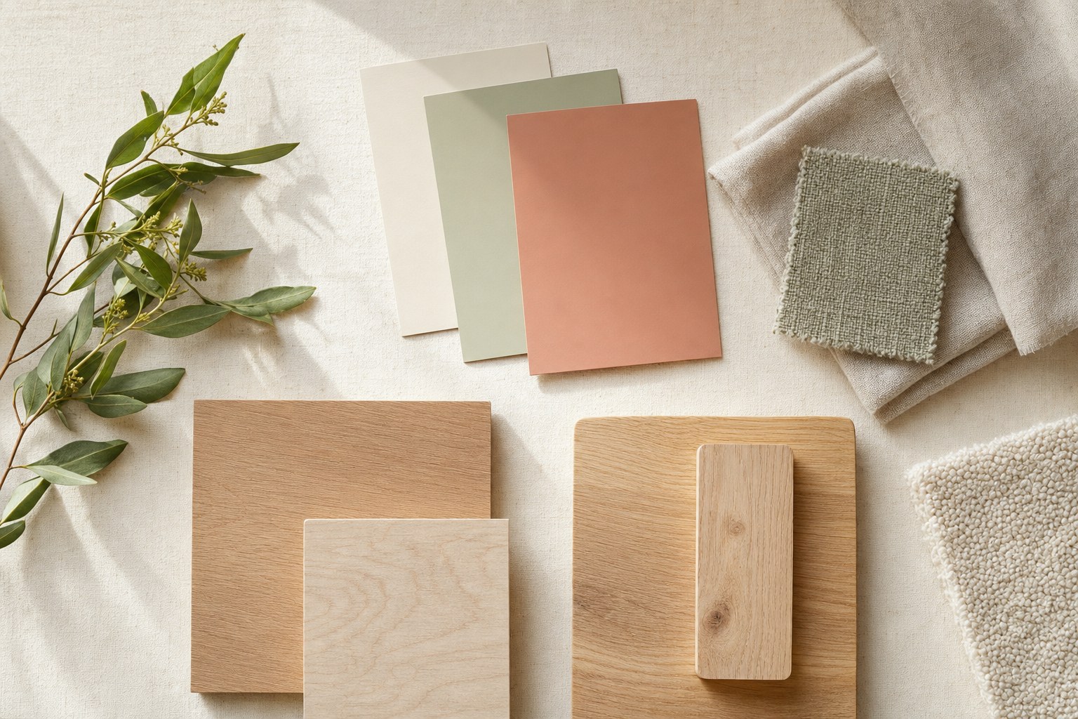 Natural wood samples, soft nursery color swatches, linen, and greenery arranged on fabric