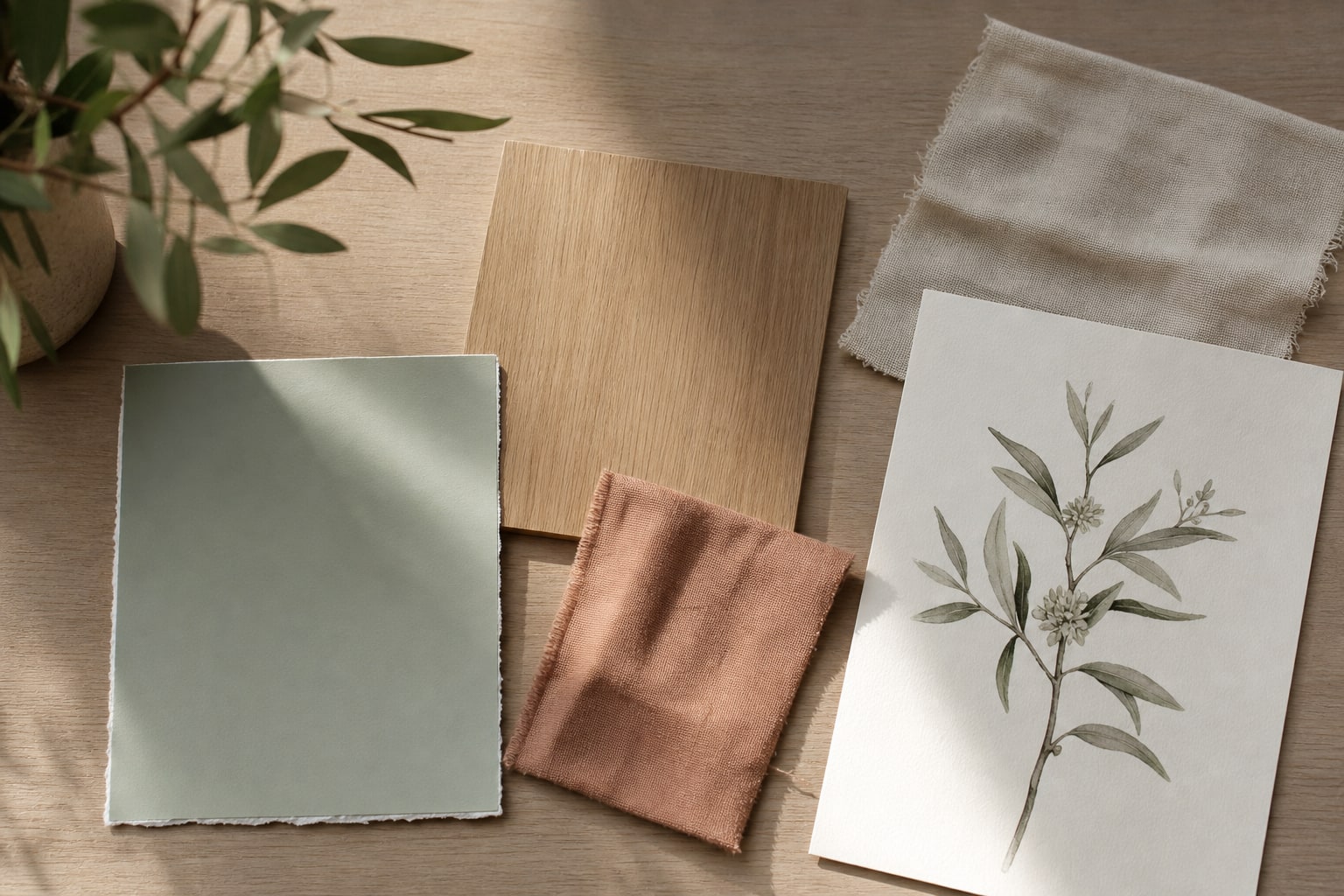 Wood, sage paper, terracotta fabric, linen, and botanical art arranged as a nursery color story