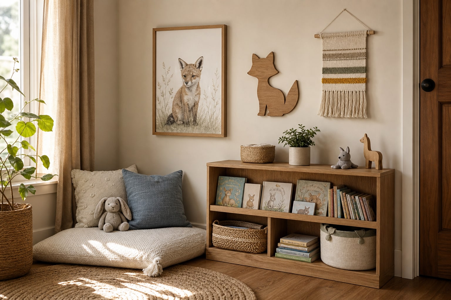 Children's reading corner with a wood bookshelf, framed animal art, and a textile wall hanging