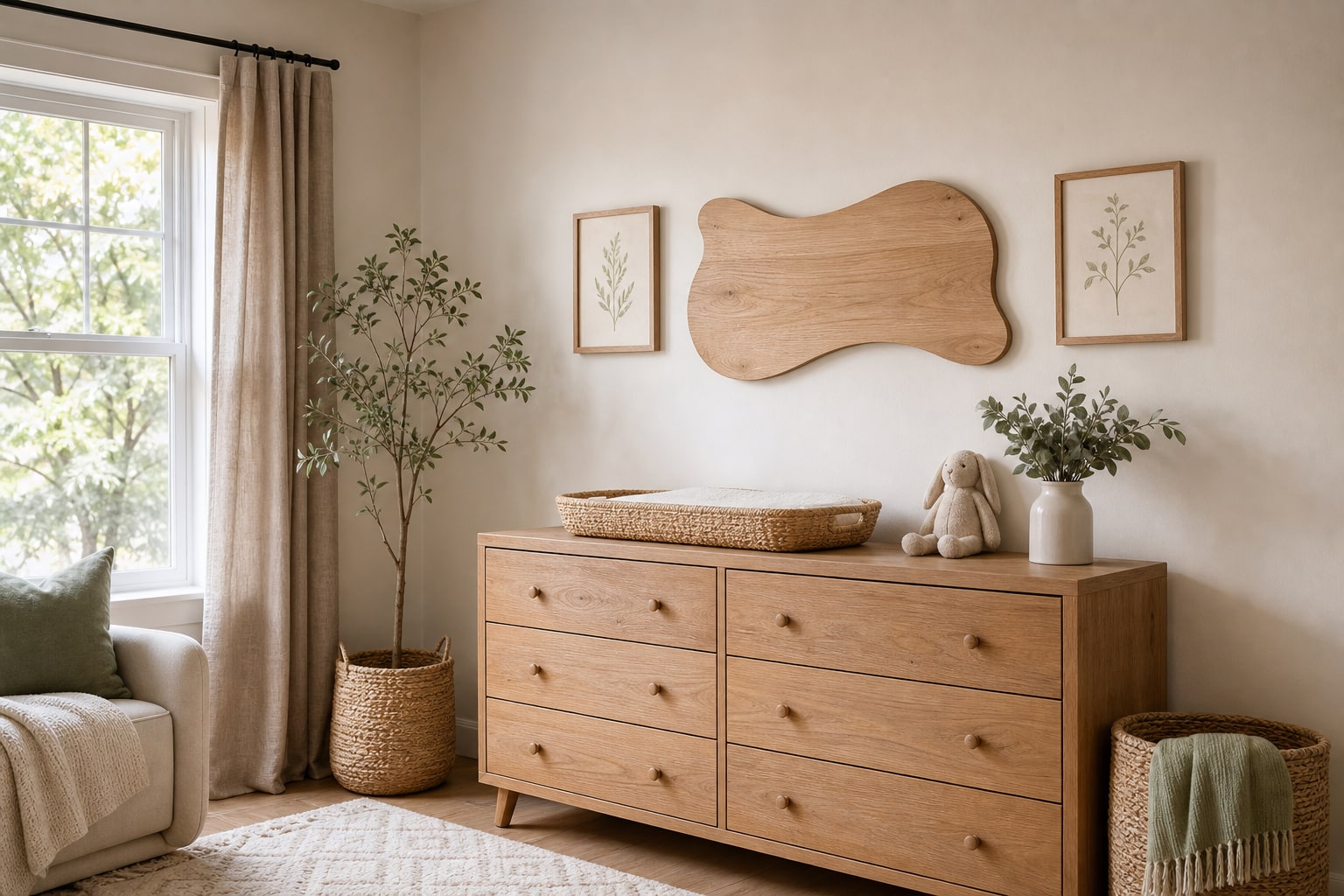 Warm nursery wall with natural wood decor, botanical art, and an oak dresser