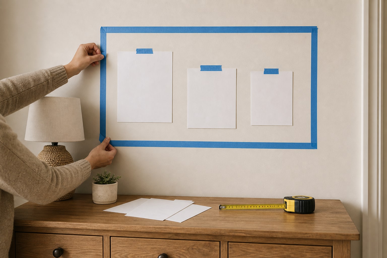 Adult using painter's tape and paper templates to plan a nursery wall arrangement above a dresser