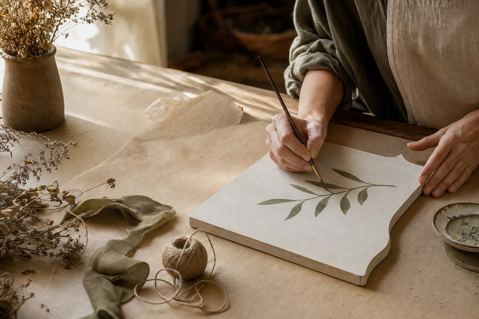 Maker painting a leafy design on a wooden decor piece