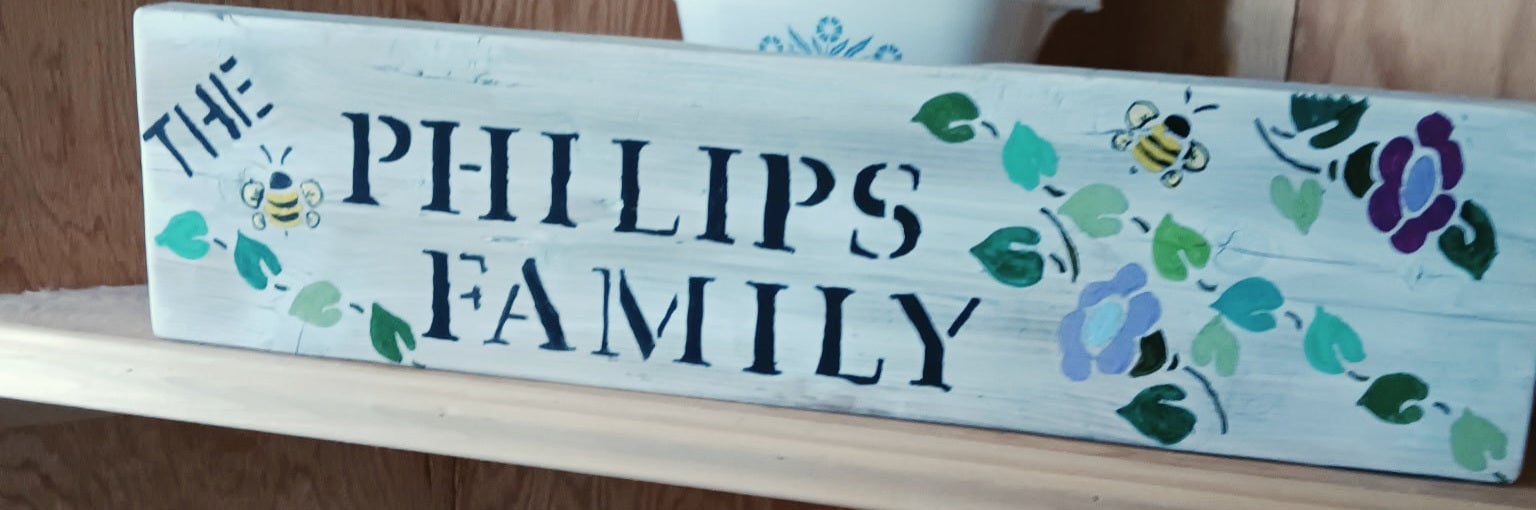 Hand-painted white family name sign with floral details