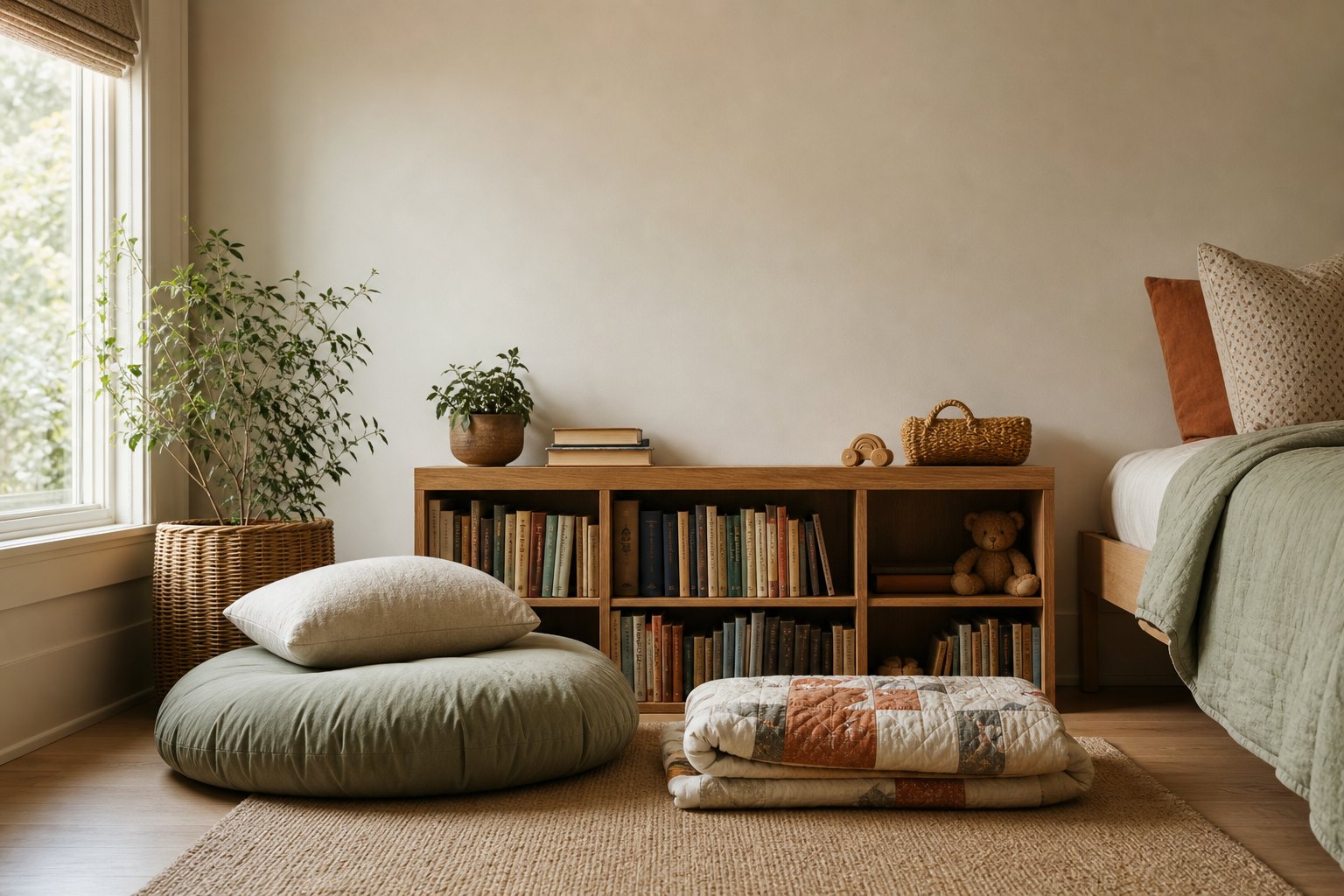 Child's reading nook with a wooden bookshelf, floor cushion, and blank wall