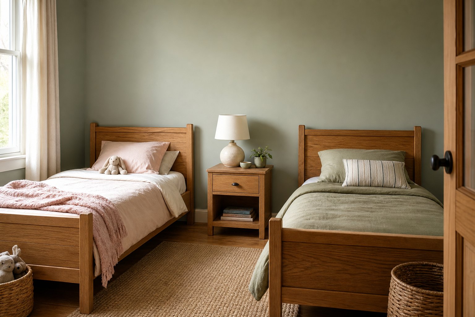 Shared children's room with two wooden beds and a blank sage green wall