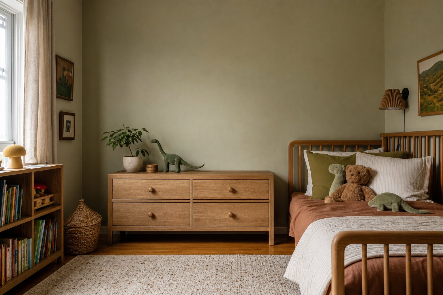 Warm child's bedroom with a blank sage green wall above a wooden dresser
