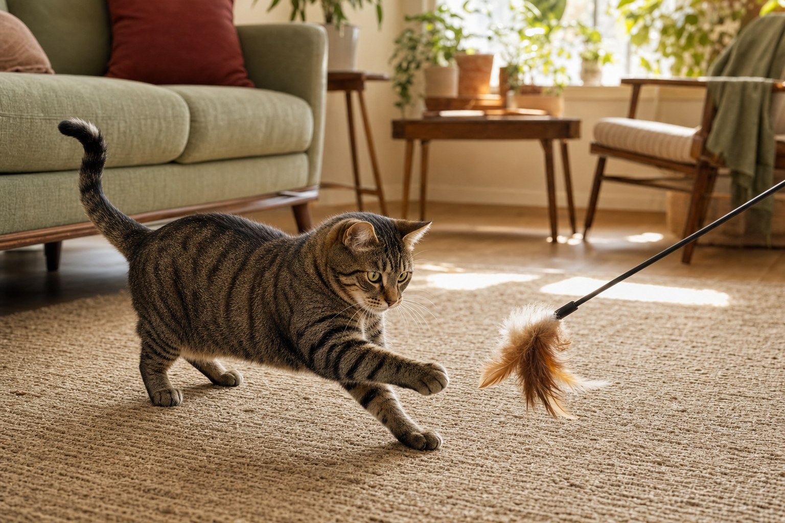 Tabby cat playing with a feather wand toy in a sunlit living room