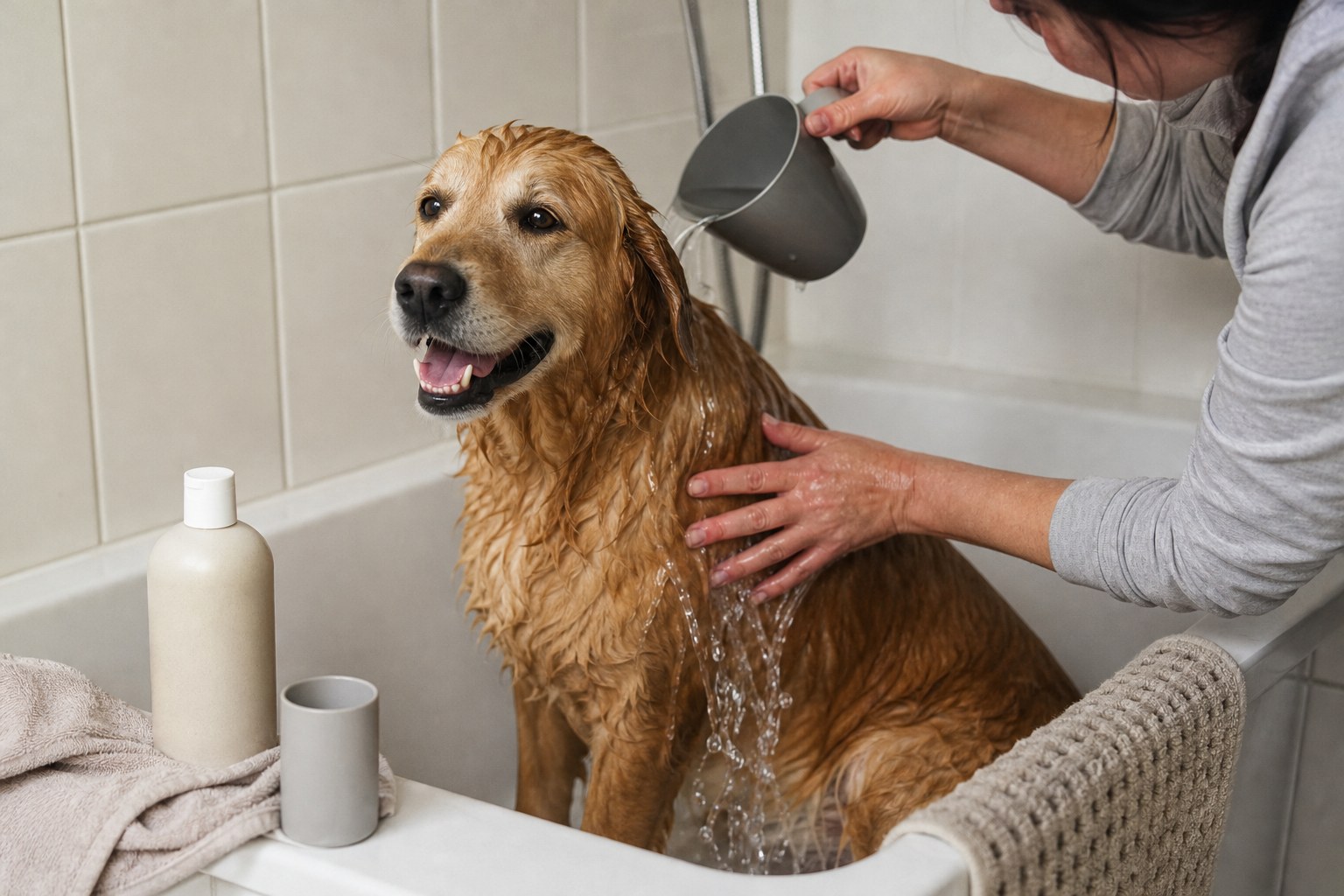A dog being gently rinsed in a home bathtub