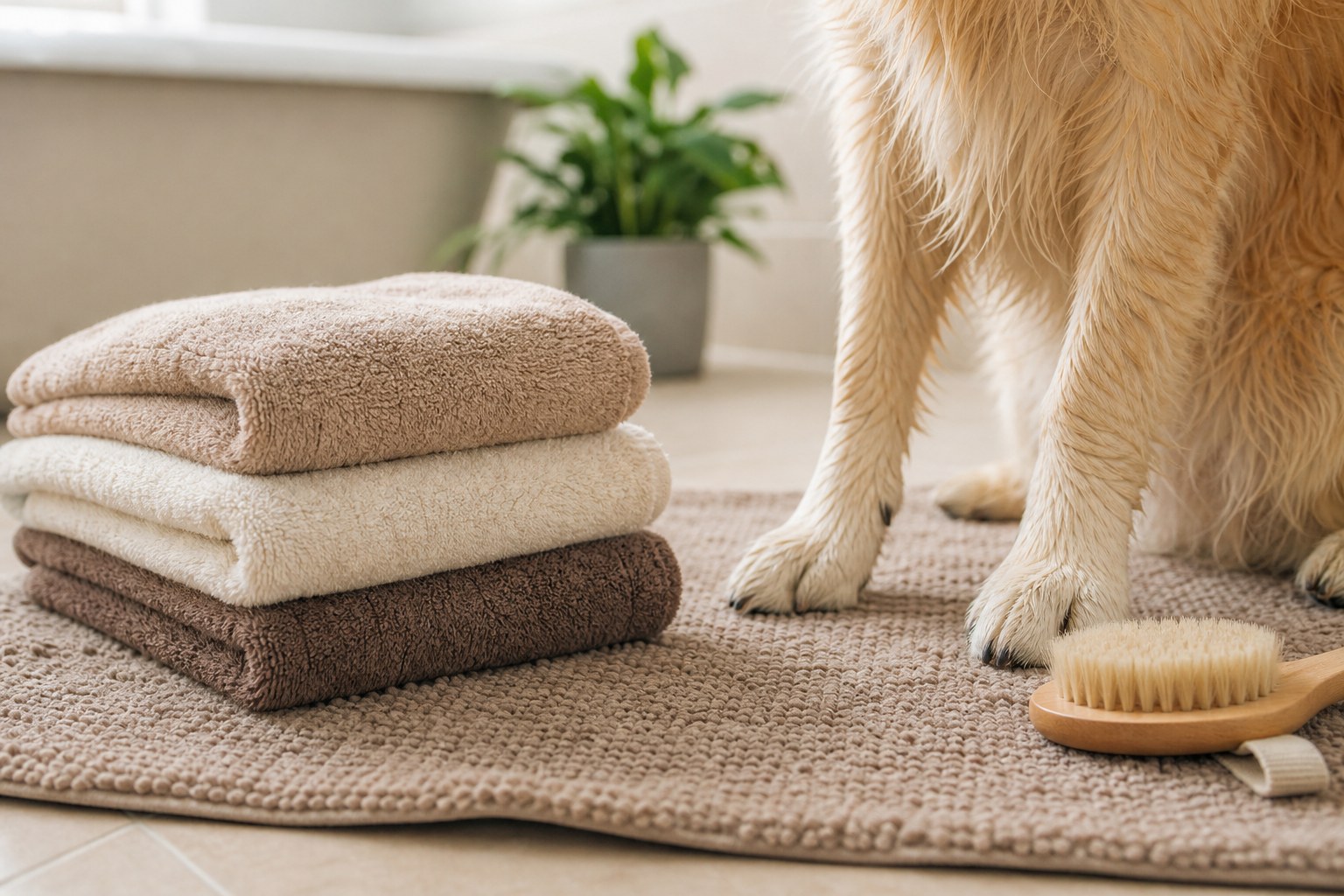 Clean towels and a brush beside a dog after bath time