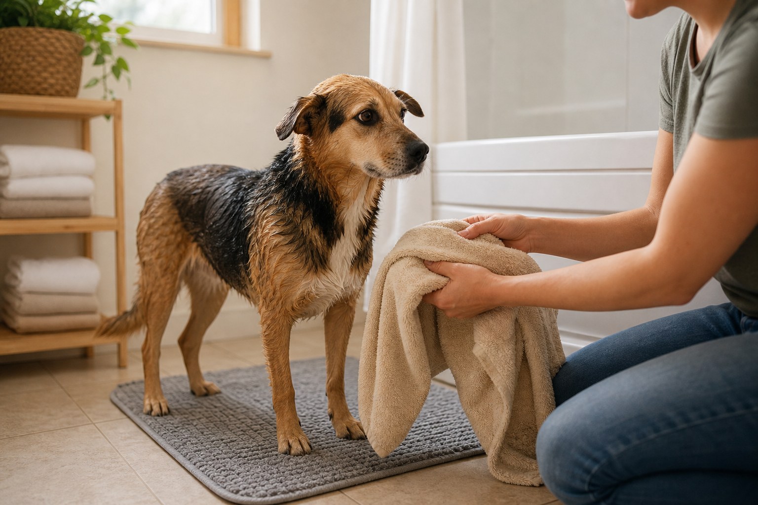 A dog standing calmly on a bath mat while its owner holds a towel