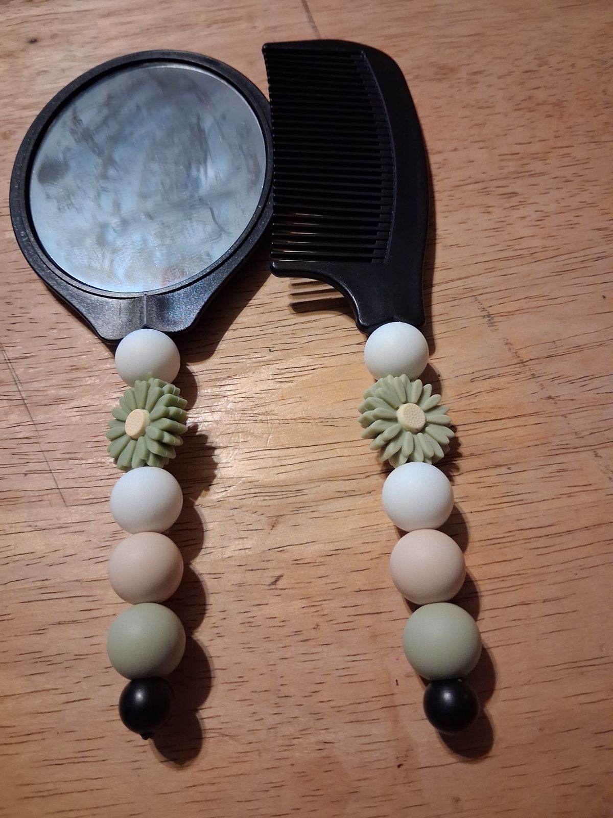Black mirror and comb with matching sage floral and pastel beaded handles