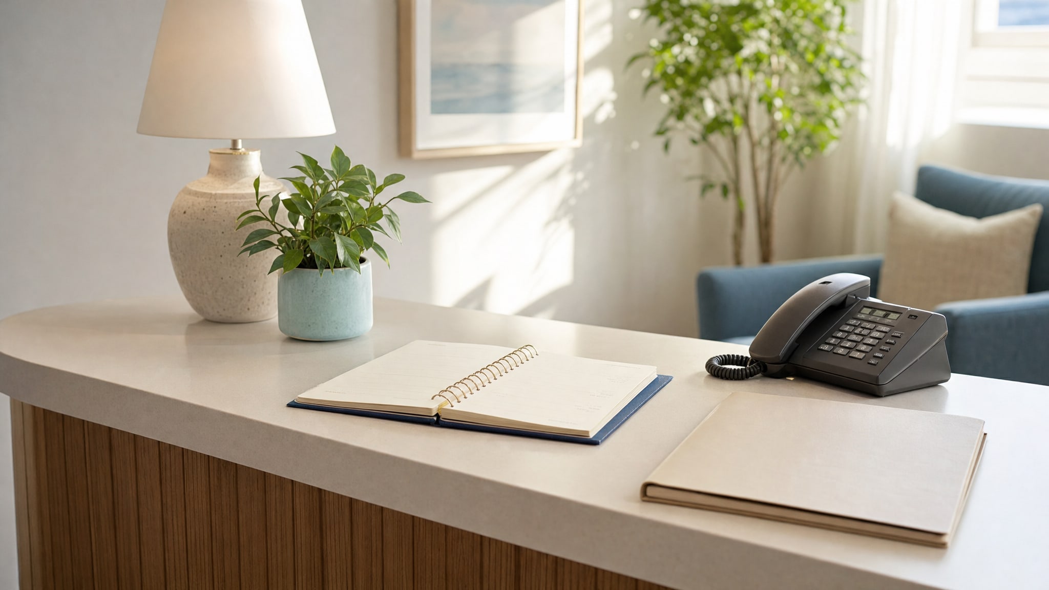 A calm reception desk prepared for an intake call