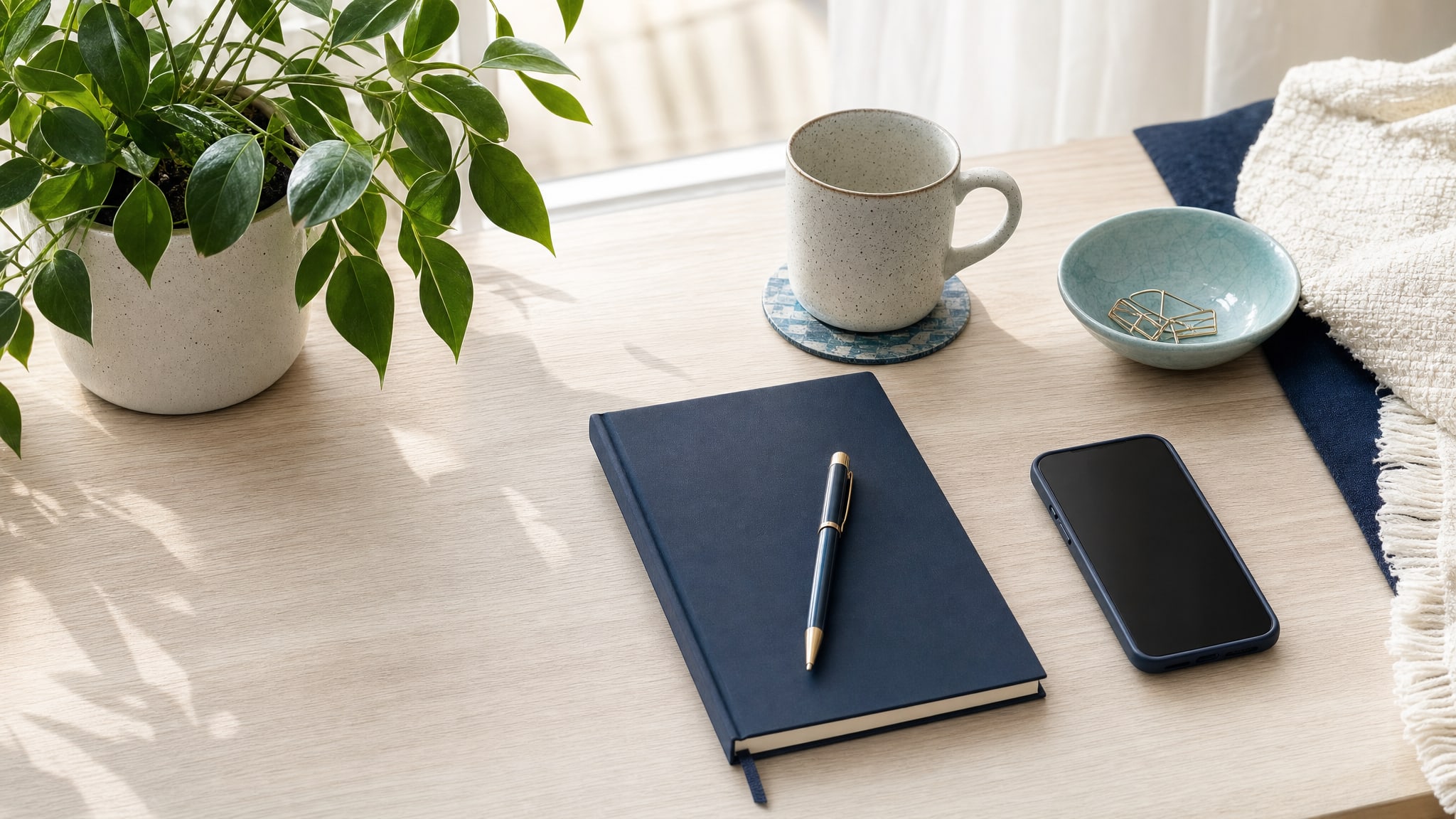 A quiet practice work surface with a notebook, phone and leafy plant