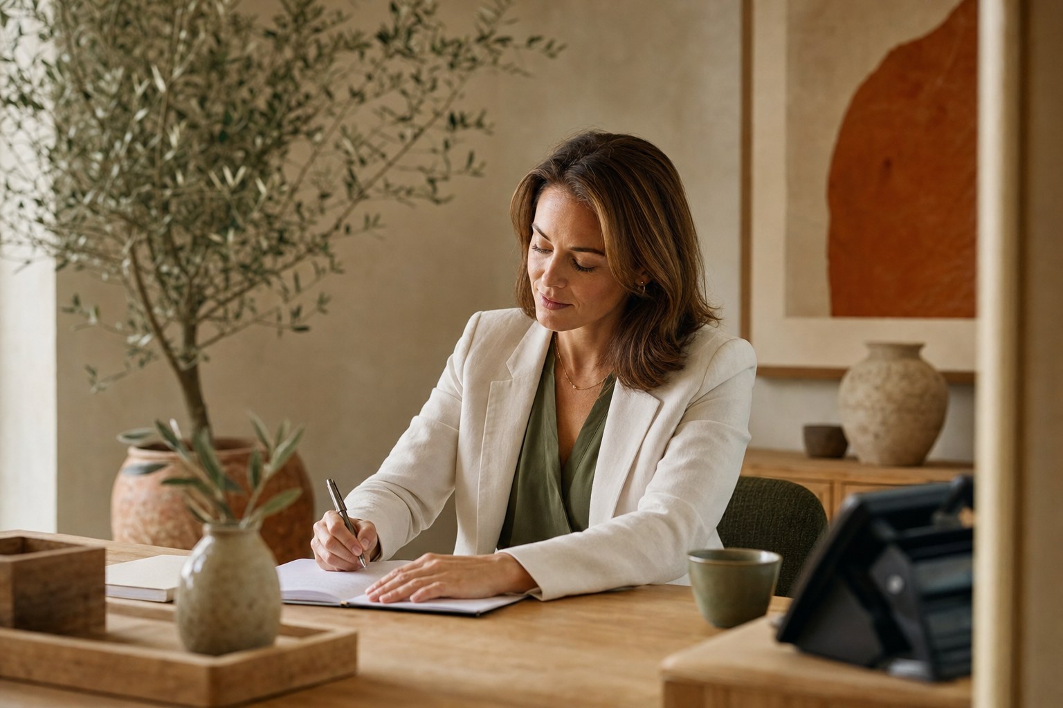 Clinician reviewing notes in a quiet, warm private office