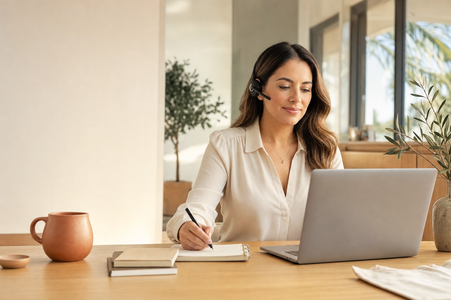 Support professional taking notes beside a laptop in a warm office