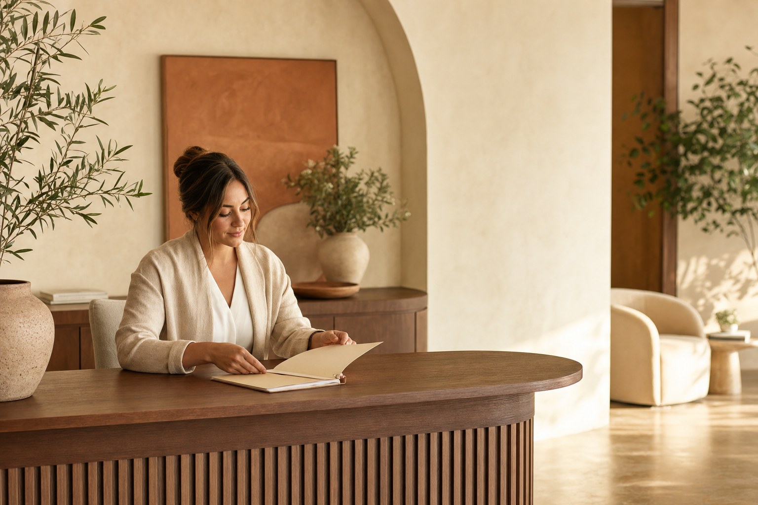 Support professional organizing an intake folder in a warm clinic office
