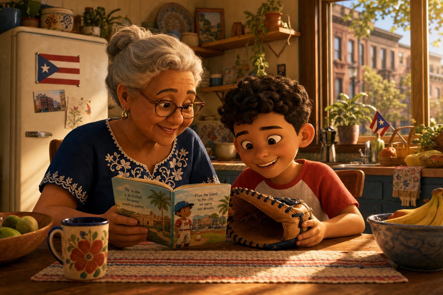 Joselito reads with his grandmother at the family kitchen table