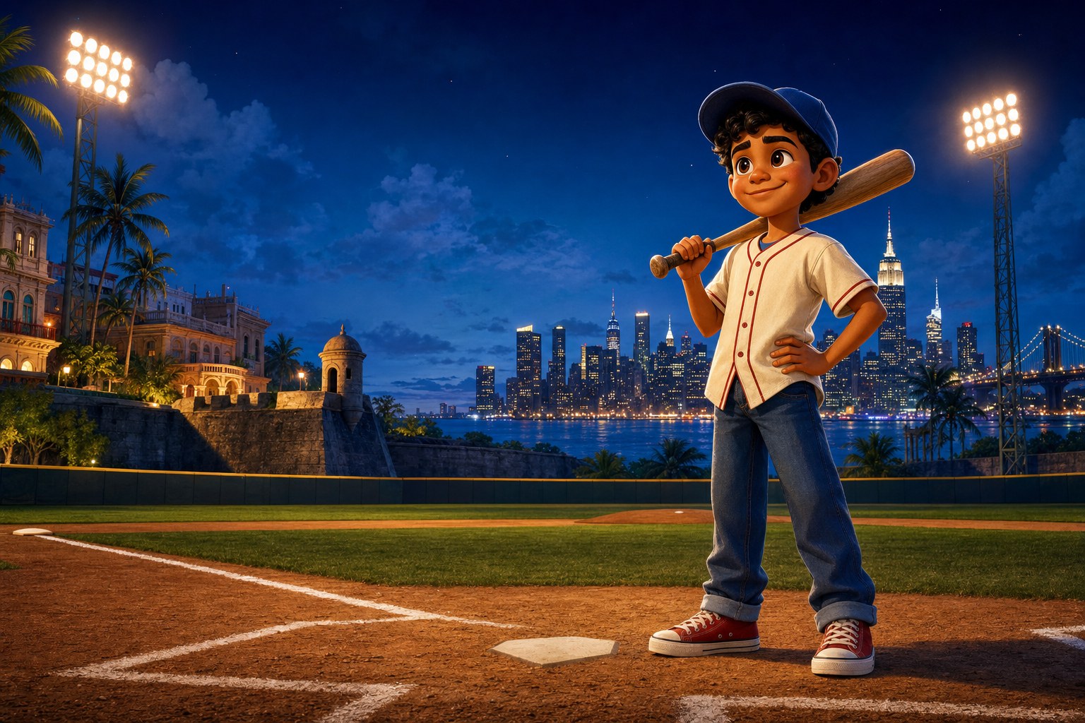 Joselito stands at home plate between Puerto Rico and New York City