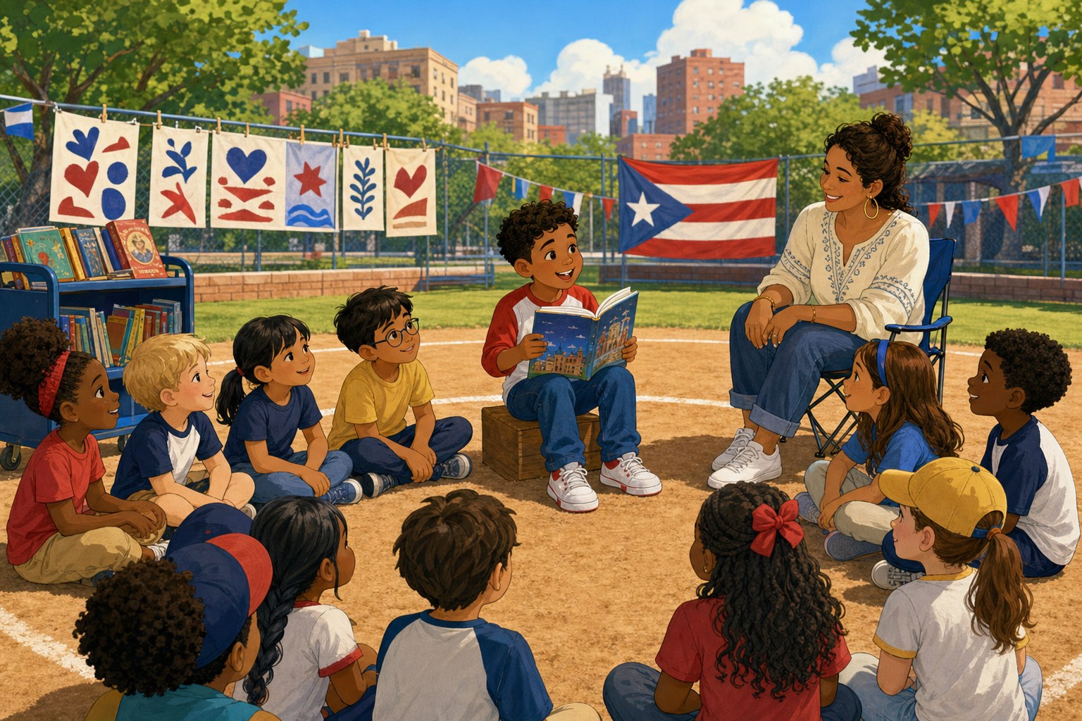 Children share a reading activity on a community baseball field