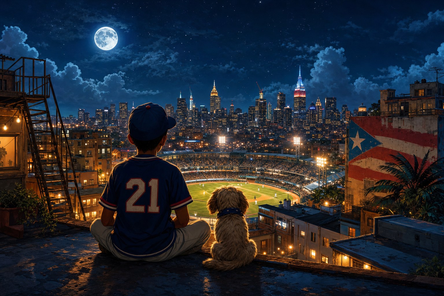 Joselito and his dog watch a baseball stadium from a rooftop